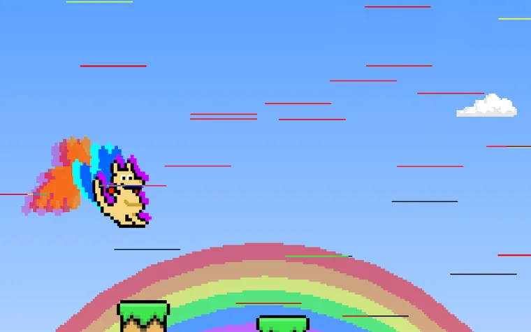 Ecrã do Bunny Hop com plataformas em pixel art e um arco-íris ao fundo