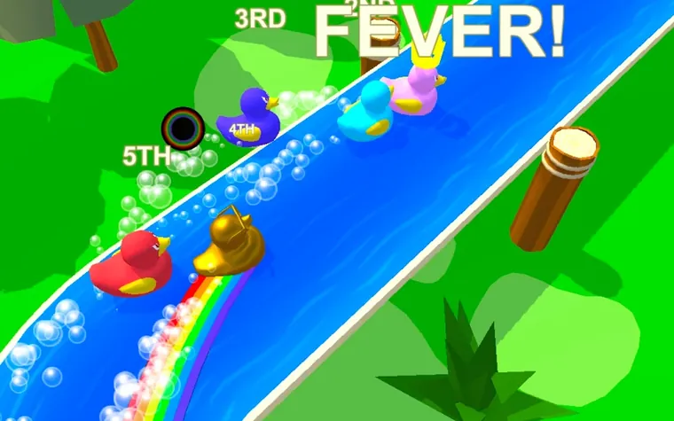 Ecrã de jogo do Duck Race com patos a descer um ribeiro