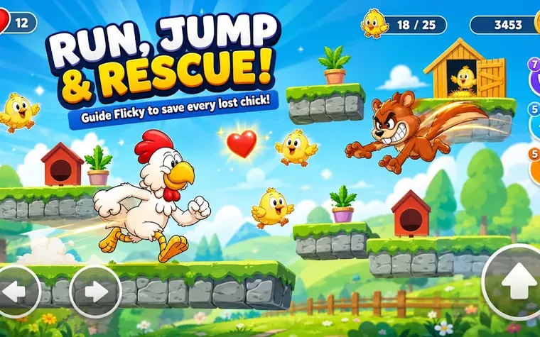 Ecrã do Flicky Chicky com a galinha a saltar num nível de quinta